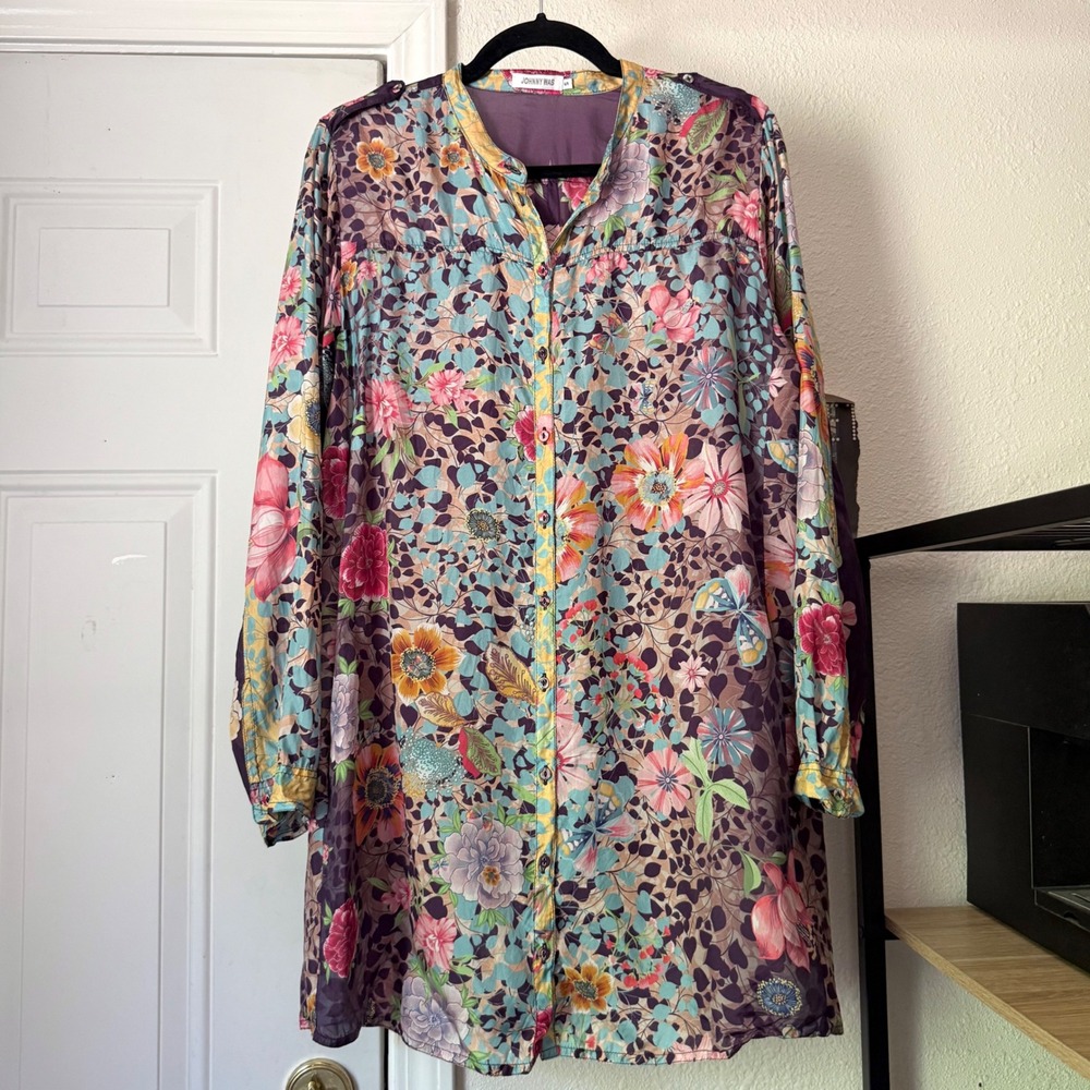 JOHNNY WAS purple floral silk long sleeve button up tunic blouse shirt top